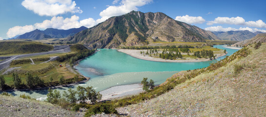 Panorama of the confluence of the rivers Katun and Chuya in Altai mountains.  Russia