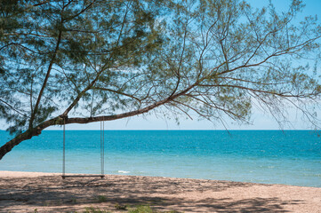 Fototapeta na wymiar Wooden swing hanging on tree on the beach in tropical sea