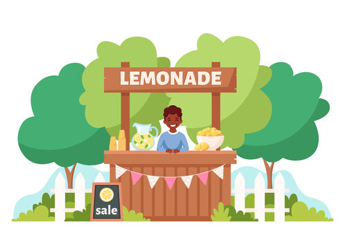 Black boy selling cold lemonade in lemonade stand. Summer cold drink. Vector illustration