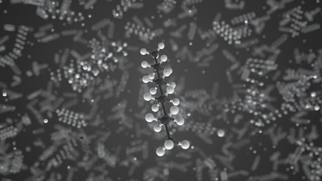 Decane molecule made with balls, conceptual molecular model. Chemical looping 3d animation