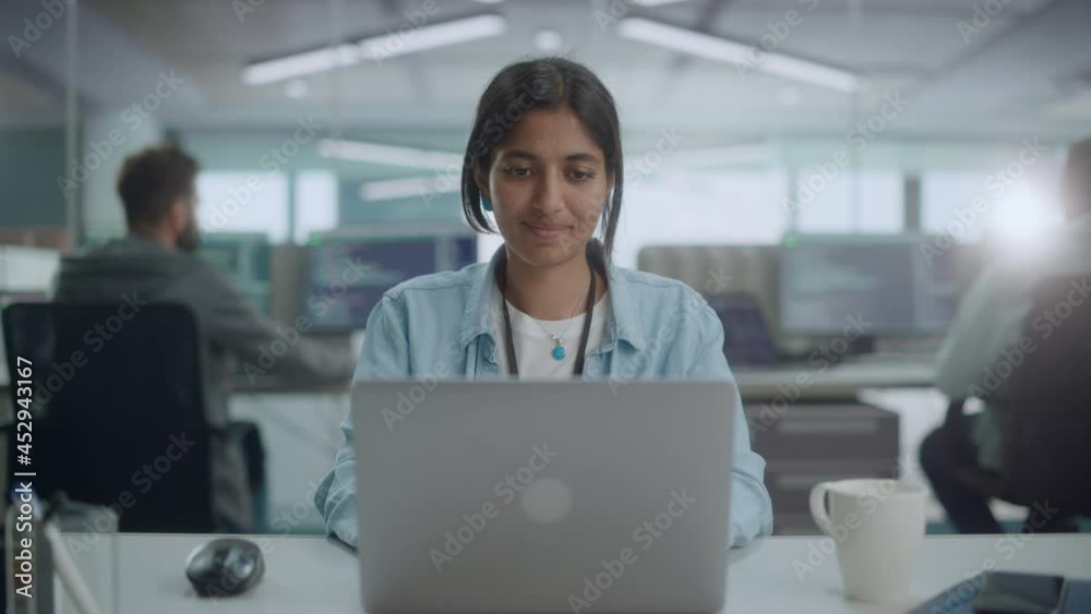 Poster Diverse Office: Portrait of Smiling Indian IT Programmer Working on Desktop Computer. Female Specialist Create Innovative Software. Professional Engineer Develop Inspirational App. Front View