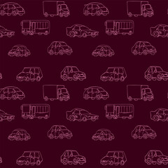 Seamless pattern with cute cars, buses and trucks. Hand drawn pattern with colorful autos for kids textile.