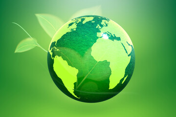 globe and leaves Green background. The concept of save the world and the environment.