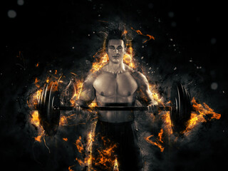Bodybuilder and powerlifting in flammes