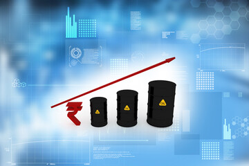 3d illustration rupee oil barrel with rising arrow concept