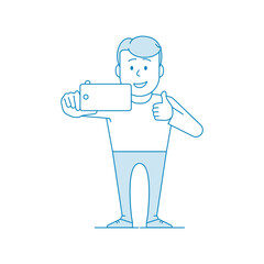 Happy man office worker makes selfie showing symbol like.