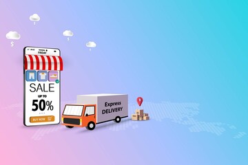 Concept of online shopping, truck is ready to deliver the goods to customer that ordered from the application on mobile in pink and blue color background. Vector 3D design.