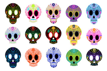 Day of the Dead sugar skulls set. Dia de los muertos mexican Halloween. Vector