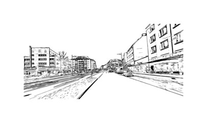 Building view with landmark of Kiel is the 
city in Germany. Hand drawn sketch illustration in vector.