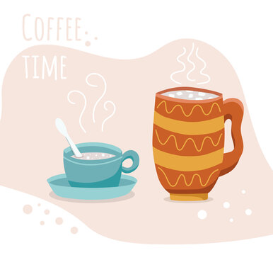 Coffee time set in hand drawn style, cup with hot chocolate, capuchino and wording isolated on background for autumn banners, card, t-shirt print. Vector illustration.