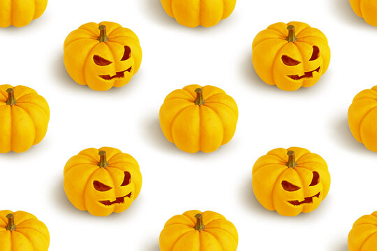 Seamless repetitive pattern with halloween pumpkins on white background, 3d rendering. Happy Halloween concept.
