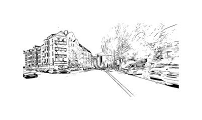 Building view with landmark of Kiel is the 
city in Germany. Hand drawn sketch illustration in vector.