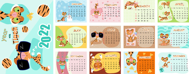 tiger chinese new year symbol cute calendar 2022 emotions striped orange black white horizontal  animal cat cartoon kitten week starts on monday