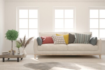 White living room with sofa. Scandinavian interior design. 3D illustration