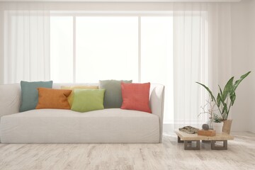 White living room with sofa. Scandinavian interior design. 3D illustration