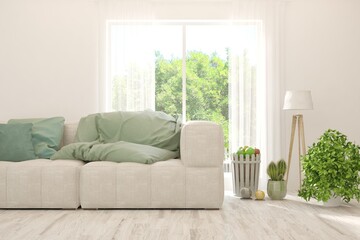White living room with sofa and summer landscape in window. Scandinavian interior design. 3D illustration