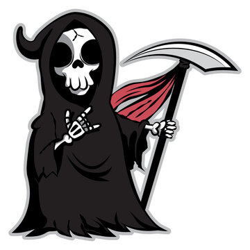 Cartoon illustration of Grim Reaper holding large scythe and doing metal music hand gesture, best for decal, mascot, logo for Halloween event