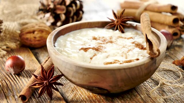 bowl of rice pudding and spices