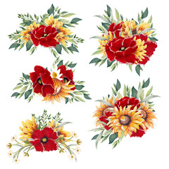 watercolor sunflower and poppy floral bouquets clipart, perfect to use on the web or in print