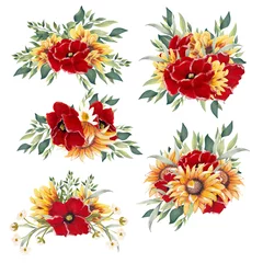 Schilderijen op glas watercolor sunflower and poppy floral bouquets clipart, perfect to use on the web or in print © Andreea Eremia 
