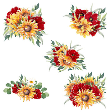 watercolor sunflower and poppy floral bouquets clipart, perfect to use on the web or in print