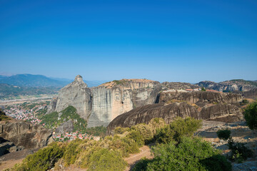 Meteora, Greece. Terrible rock formations of sandstone, on their tops are built Christian monasteries of the Byzantine period.
