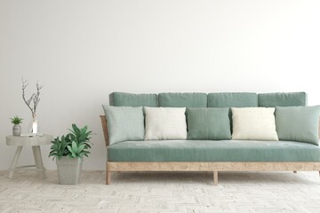 Modern living room in white color with sofa. Scandinavian interior design. 3D illustration