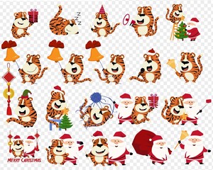 Obraz na płótnie Canvas 2022 The year of tiger. Tiger in red Santa Claus outift creation set, various Christmas design elements. Vector illustration bundle. Merry Christmas and happy new year.