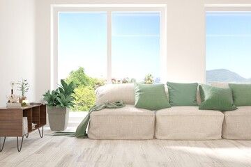 White living room with sofa and summer landscape in window. Scandinavian interior design. 3D illustration