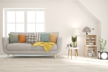 White living room with sofa. Scandinavian interior design. 3D illustration