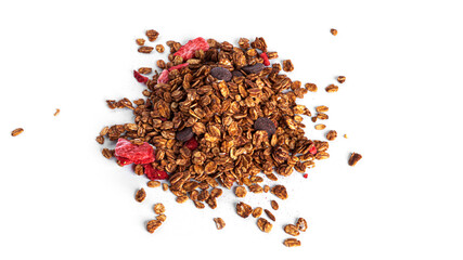 Granola isolated on a white background. Granola with chocolate and strawberries.