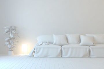 Mock up of stylish room in white color with sofa. Scandinavian interior design. 3D illustration