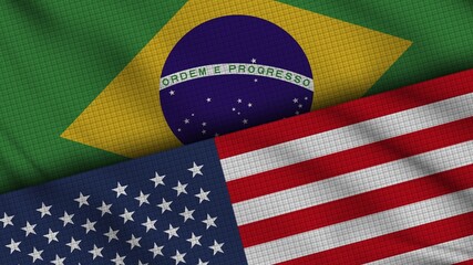 Brazil and USA United States of America Flags Together, Wavy Fabric, Breaking News, Political Diplomacy Crisis Concept, 3D Illustration