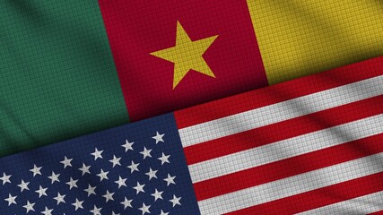Cameroon and USA United States of America Flags Together, Wavy Fabric, Breaking News, Political Diplomacy Crisis Concept, 3D Illustration
