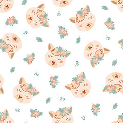 Seamless pattern with cute fox and bouquet pink and blue flowers. Background with wild animals in flat style. Illustration for kids. Design for wallpaper, fabric, textiles, wrapping paper. Vector