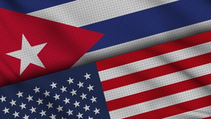 Cuba and USA United States of America Flags Together, Wavy Fabric, Breaking News, Political Diplomacy Crisis Concept, 3D Illustration