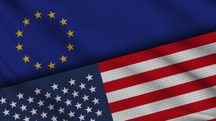 Fototapeta premium European Union and USA United States of America Flags Together, Wavy Fabric, Breaking News, Political Diplomacy Crisis Concept, 3D Illustration