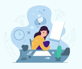 Female artist experiencing creative crisis, vector illustration. Anxiety, fatigue, headache, stress, depression, burnout