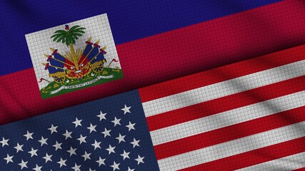 Haiti and USA United States of America Flags Together, Wavy Fabric, Breaking News, Political Diplomacy Crisis Concept, 3D Illustration