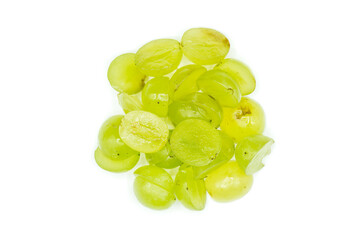 Bunch of grapes cut in half isolated on white background top view