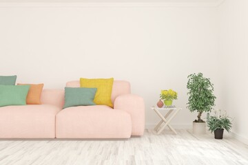 Fototapeta premium White living room with sofa. Scandinavian interior design. 3D illustration