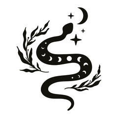 Celestial snake. Mystic animal, moon floral serpent, mystical moon, stars. Black and white vector illustration. 