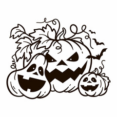 Halloween Pumpkins. Pumpkin scary face black and white  illustration. 