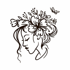 Woman Face. Woman with Flowers Line Art. Black and white  illustration. 