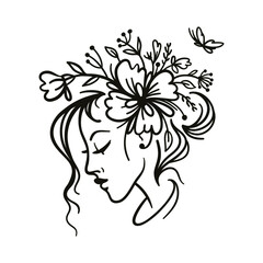 Woman Face. Woman with Flowers Line Art. Black and white vector illustration. 