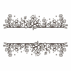 Black and white floral border of hand drawn buds and leaves in sketch style. Beautiful template for invitations, greeting cards.