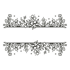 Vector black and white floral border of hand drawn buds and leaves in sketch style. Beautiful template for invitations, greeting cards.