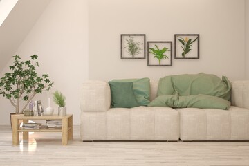 White living room with sofa. Scandinavian interior design. 3D illustration