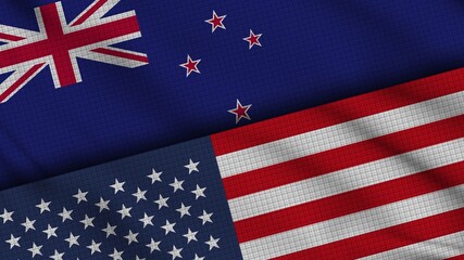 New Zealand and USA United States of America Flags Together, Wavy Fabric, Breaking News, Political Diplomacy Crisis Concept, 3D Illustration