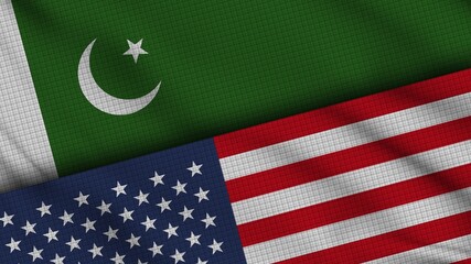 Pakistan and USA United States of America Flags Together, Wavy Fabric, Breaking News, Political Diplomacy Crisis Concept, 3D Illustration